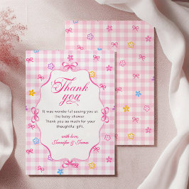 Tarjeta De Agradecimiento Pink Gingham Floral Bow Baby Shower Thank You Card