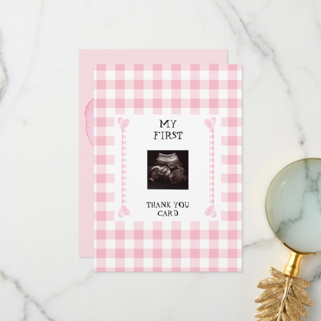 Tarjeta De Agradecimiento Pink Gingham Heart Funny Baby Gracias (Anverso/Reverso In Situ)