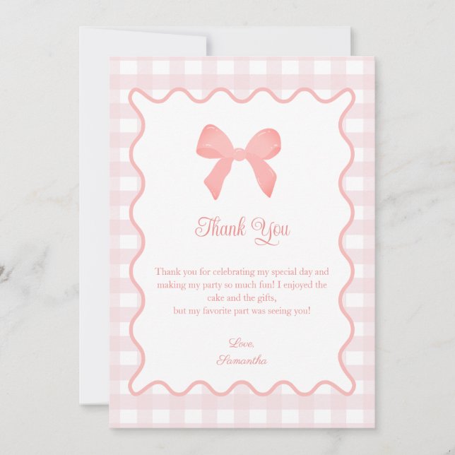 Tarjeta De Agradecimiento Pink Gingham Pink Bow Birday (Anverso)