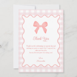 Tarjeta De Agradecimiento Pink Gingham Pink Bow Birday