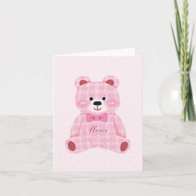 Tarjeta De Agradecimiento Pink Gingham Teddy (Anverso)