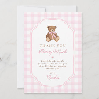 Tarjeta De Agradecimiento Pink Gingham Teddy Bear Beary First Birthday