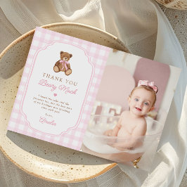 Tarjeta De Agradecimiento Pink Gingham Teddy Bear Beary First Birthday Photo