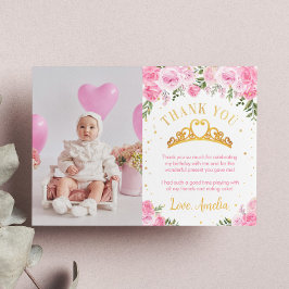 Tarjeta De Agradecimiento Pink Gold Floral Crow Princess Birday