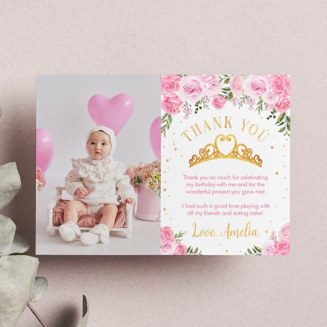 Tarjeta De Agradecimiento Pink Gold Floral Crow Princess Birday (Subido por el creador)