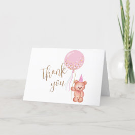 Tarjeta De Agradecimiento Pink Gold Simple Teddy Bear Balloon Baby Shower