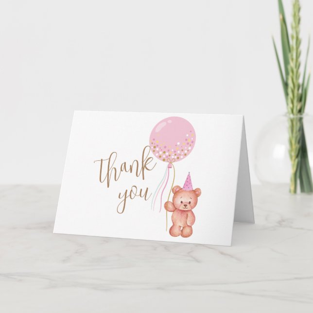 Tarjeta De Agradecimiento Pink Gold Simple Teddy Bear Balloon Baby Shower (Anverso)