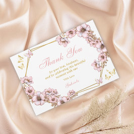 Tarjeta De Agradecimiento Pink Golden Tiara Butterfly Quinceañera