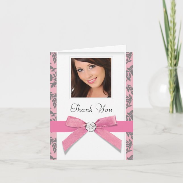 Tarjeta De Agradecimiento Pink Gray Swirl Damask Foto Gracias Cartas (Anverso)