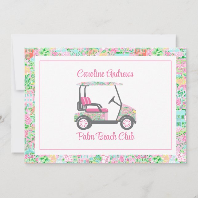 Tarjeta De Agradecimiento Pink & Green Palm Beach Golf Cart Personalized (Anverso)