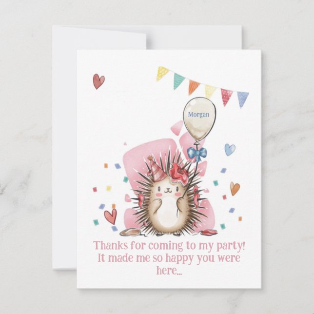 Tarjeta De Agradecimiento Pink Hedgehog Children's Birthday Thank You (Anverso)