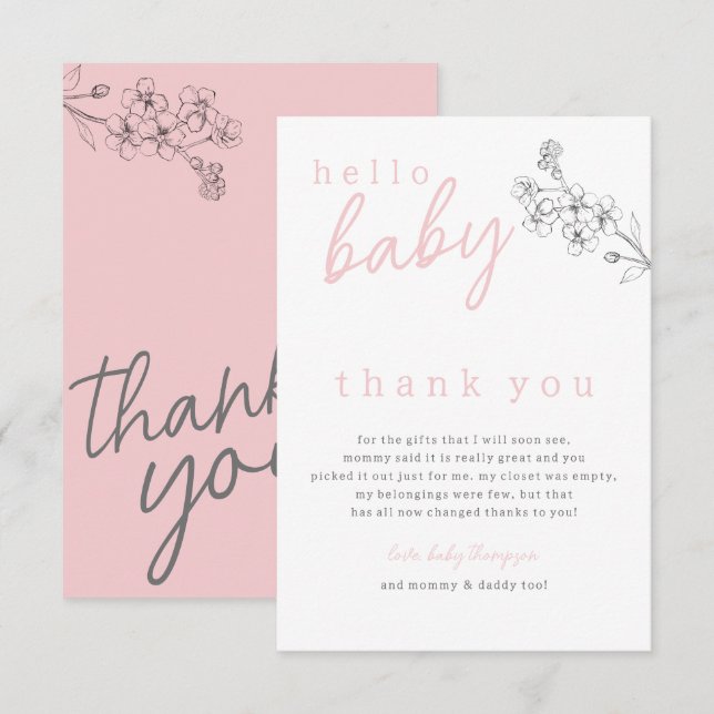 Tarjeta De Agradecimiento Pink Hello Baby Baby Shower Gracias (Anverso / Reverso)