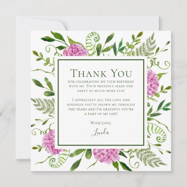 Tarjeta De Agradecimiento Pink Hydrangeas 75th Birthday  (Anverso)