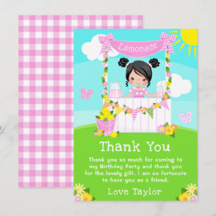 Tarjeta De Agradecimiento Pink Lemonade Stand Birday Black Hair Chica
