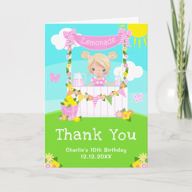 Tarjeta De Agradecimiento Pink Lemonade Stand Birday Blonde Hair Chica (Anverso)