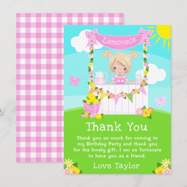 Tarjeta De Agradecimiento Pink Lemonade Stand Birday Blonde Hair Chica (Anverso / Reverso)