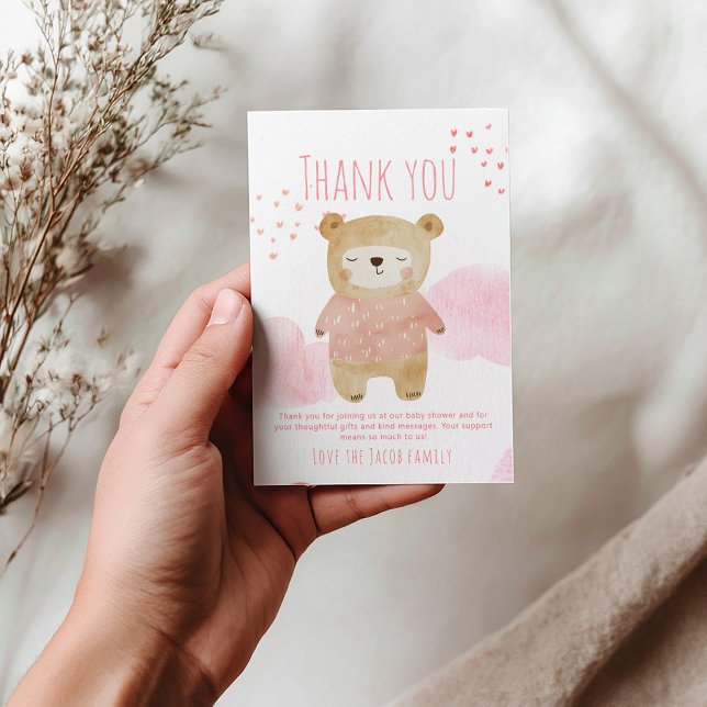 Tarjeta De Agradecimiento Pink lindo dormir Bear Corazones y Nubes (Pink cute sleepy bear thank you card, baby shower)