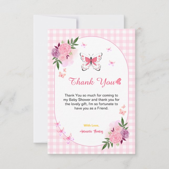 Tarjeta De Agradecimiento Pink Little Butterfly Baby Shower Thank You Cards  (Anverso)