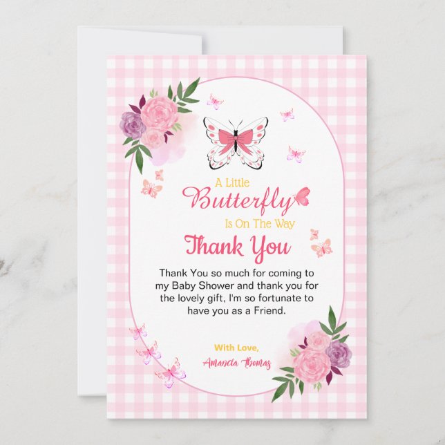 Tarjeta De Agradecimiento Pink Little Butterfly Baby Shower Thank You Cards  (Anverso)