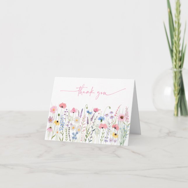 Tarjeta De Agradecimiento Pink Meadow Wildflowers Baby Shower Gracias (Anverso)