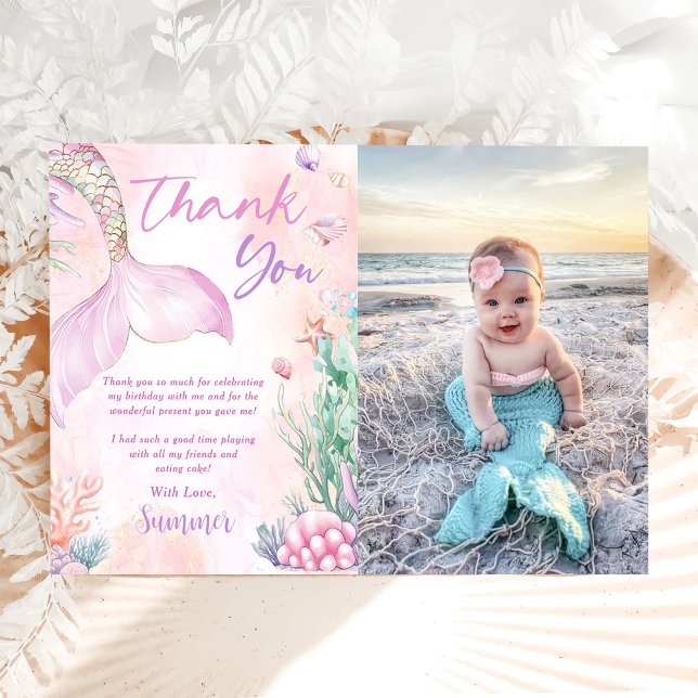 Tarjeta De Agradecimiento Pink Mermaid 1st Birthday Oneder The Sea Photo (Subido por el creador)