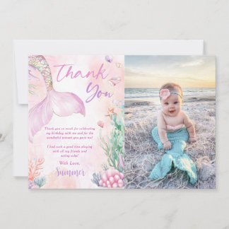 Tarjeta De Agradecimiento Pink Mermaid 1st Birthday Oneder The Sea Photo