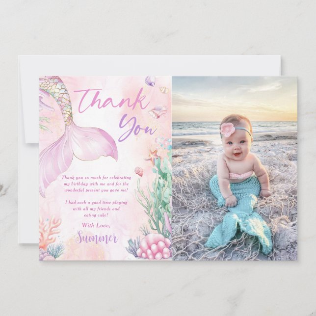 Tarjeta De Agradecimiento Pink Mermaid 1st Birthday Oneder The Sea Photo (Anverso)