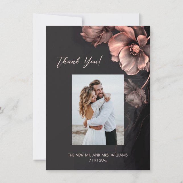 Tarjeta De Agradecimiento Pink Metallic Black Floral Wedding Thank You (Anverso)