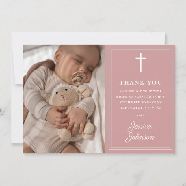Tarjeta De Agradecimiento Pink Modern Photo Baptism Christening (Anverso)