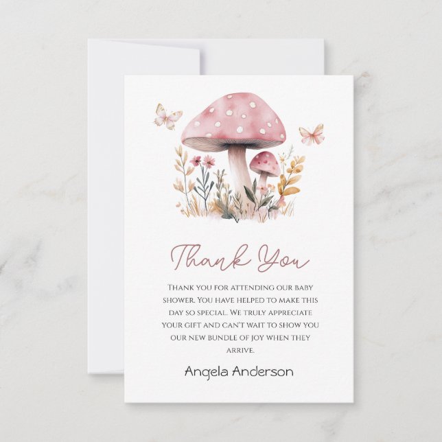 Tarjeta De Agradecimiento Pink Mushroom Woodland Baby Shower (Anverso)