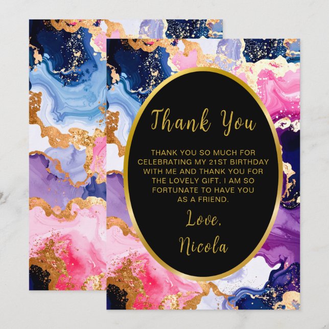 Tarjeta De Agradecimiento Pink, Navy Blue and Gold Ink Birthday Party (Anverso / Reverso)