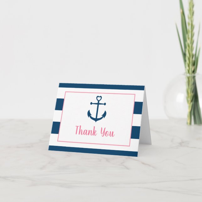 Tarjeta De Agradecimiento Pink Navy Girl Nautical Anchor Baby Shower (Anverso)