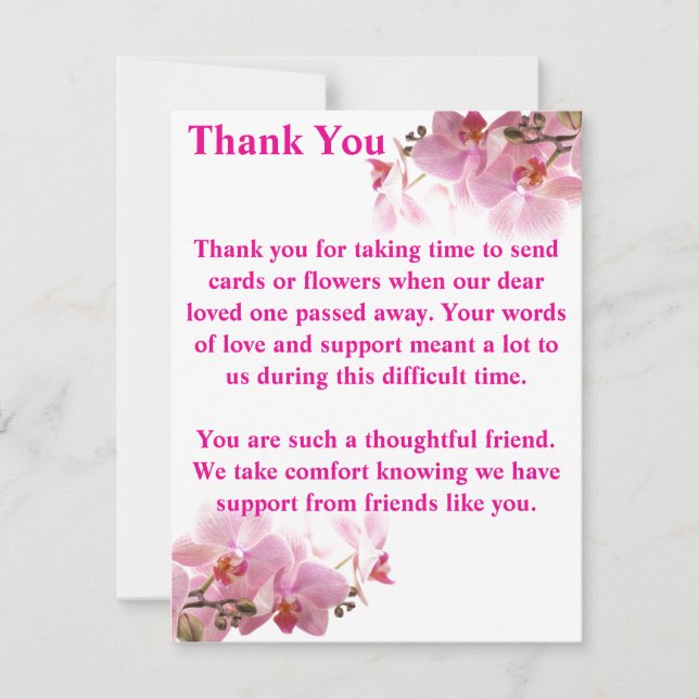 Tarjeta De Agradecimiento Pink Orchid Floral Funeral Sympathy (Anverso)