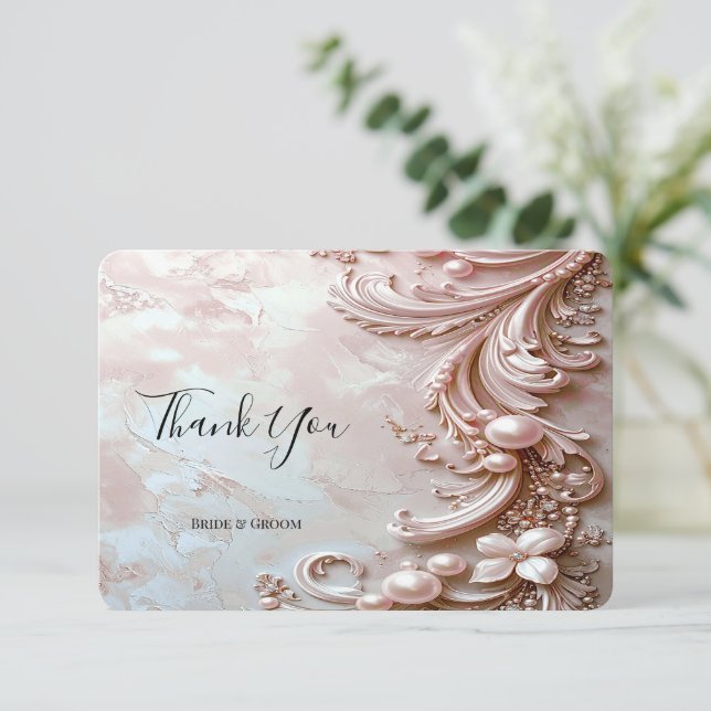 Tarjeta De Agradecimiento Pink Ornate Pearl and Floral Thank You Card (Anverso de pie)