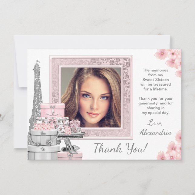 Tarjeta De Agradecimiento Pink Paris Sweet 16 Gracias Cartas (Anverso)