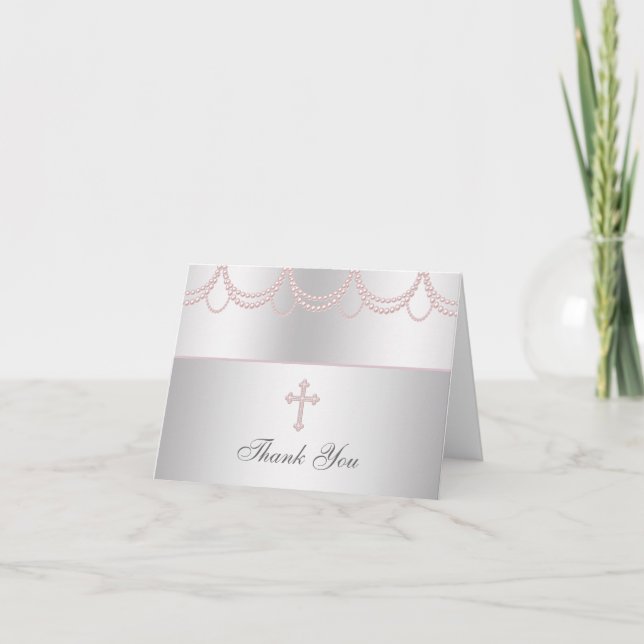 Tarjeta De Agradecimiento Pink Pearl Cross Girls Cristening Thank You Cards (Anverso)