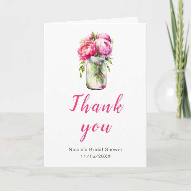 Tarjeta De Agradecimiento Pink Peonies Mason Jar Bridal Shower (Anverso)