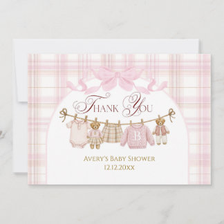 Tarjeta De Agradecimiento Pink Preppy Teddy Bear Girl Baby Shower Plaid Bow