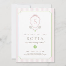 Pink Preppy Tennis Crest 1st Birthday invite