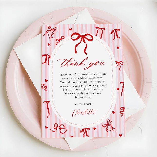Tarjeta De Agradecimiento Pink Red Coquette Bow Valentine Baby Shower (Subido por el creador)