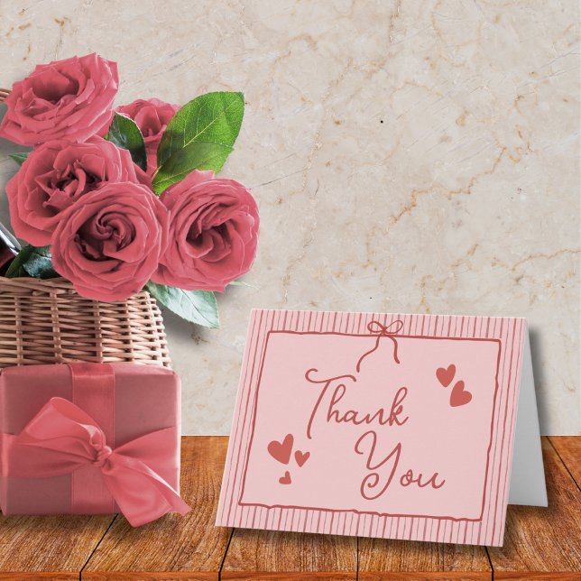Tarjeta De Agradecimiento Pink Red Galentine Coquette Bow Hearts Stripes (Subido por el creador)