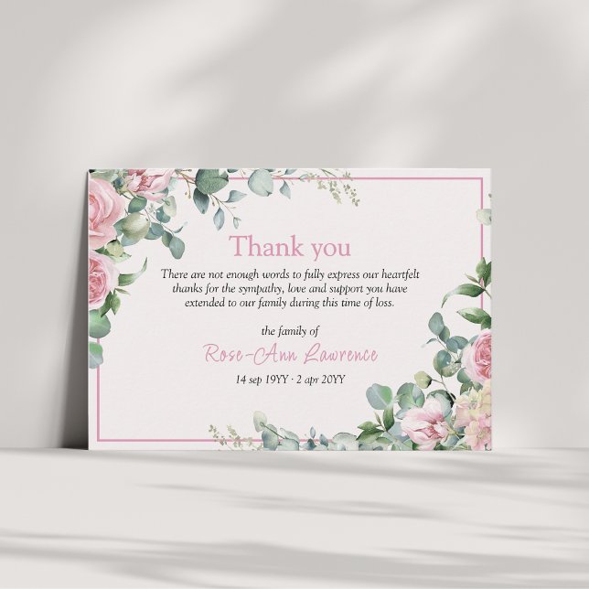 Tarjeta De Agradecimiento Pink roses eucalyptus leaves floral frame funeral (pink roses border floral thank you funeral card)