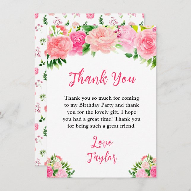 Tarjeta De Agradecimiento Pink Roses Floral Birthday Party (Anverso / Reverso)