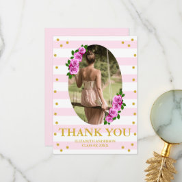Tarjeta De Agradecimiento Pink Roses Striped Graduation Brunch