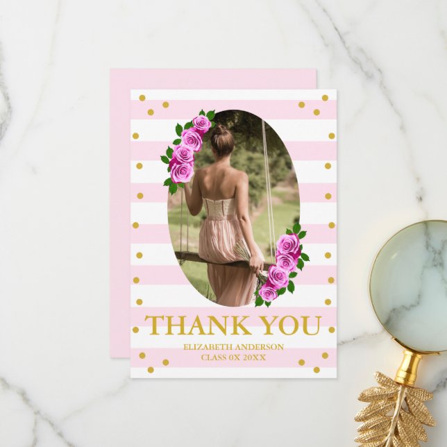Tarjeta De Agradecimiento Pink Roses Striped Graduation Brunch (Anverso/Reverso In Situ)