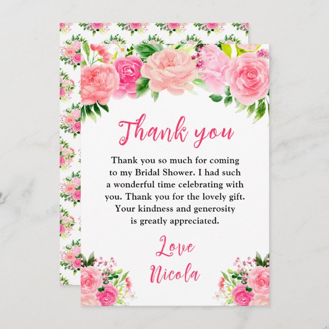 Tarjeta De Agradecimiento Pink Roses with Foliage Bridal Shower (Anverso / Reverso)