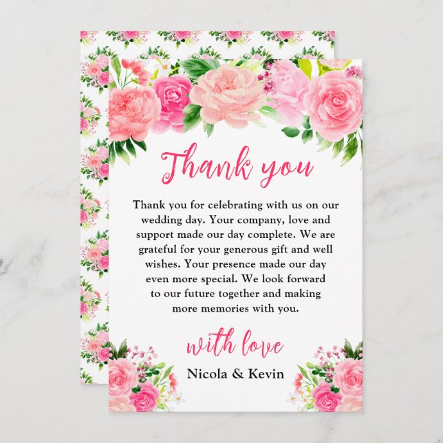 Tarjeta De Agradecimiento Pink Roses with Foliage Wedding (Anverso / Reverso)