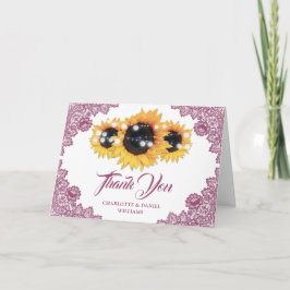 Tarjeta De Agradecimiento Pink Rustic Floral Lace Sunflower Wedding