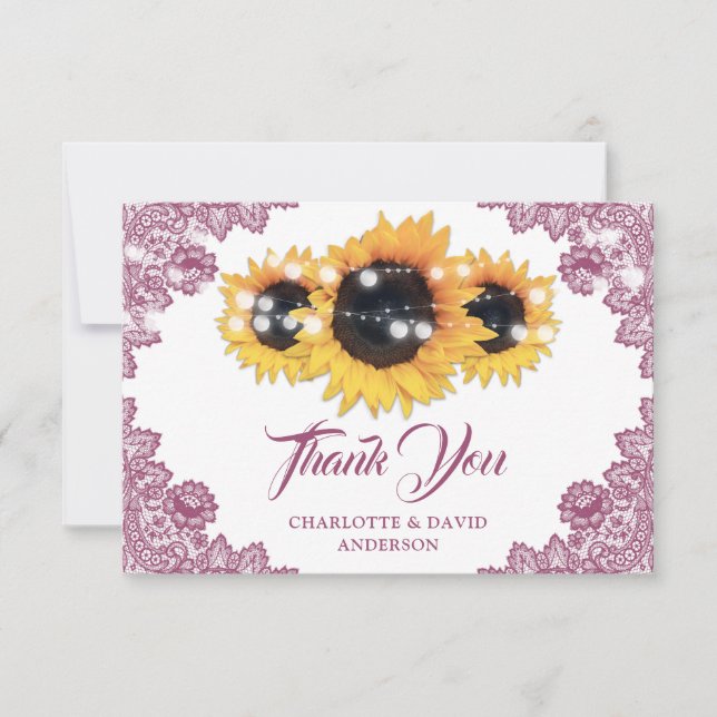 Tarjeta De Agradecimiento Pink Rustic Floral Lace Sunflower Wedding (Anverso)