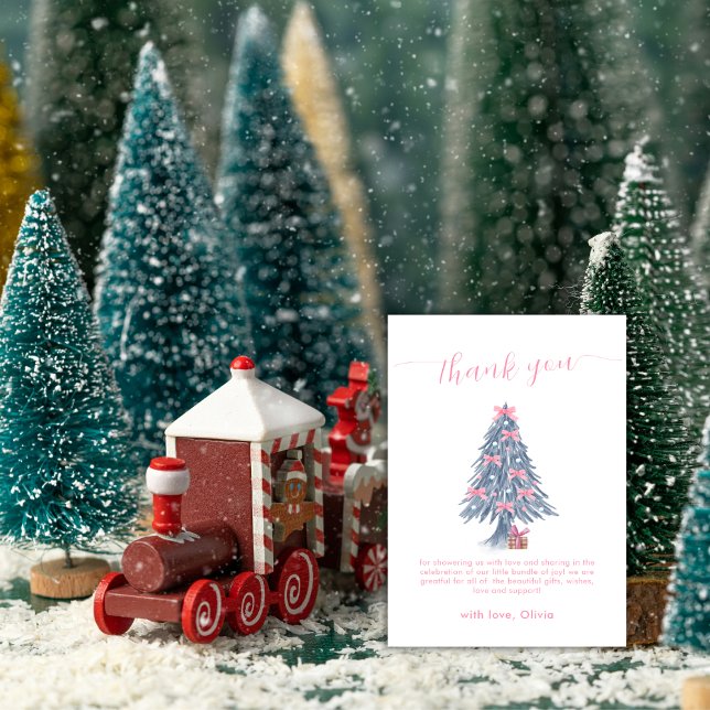 Tarjeta De Agradecimiento Pink Rustic Winter Bow Christmas Tree Baby Shower  (Pink Rustic Winter Bow Christmas Tree Baby Shower Thank You Card)